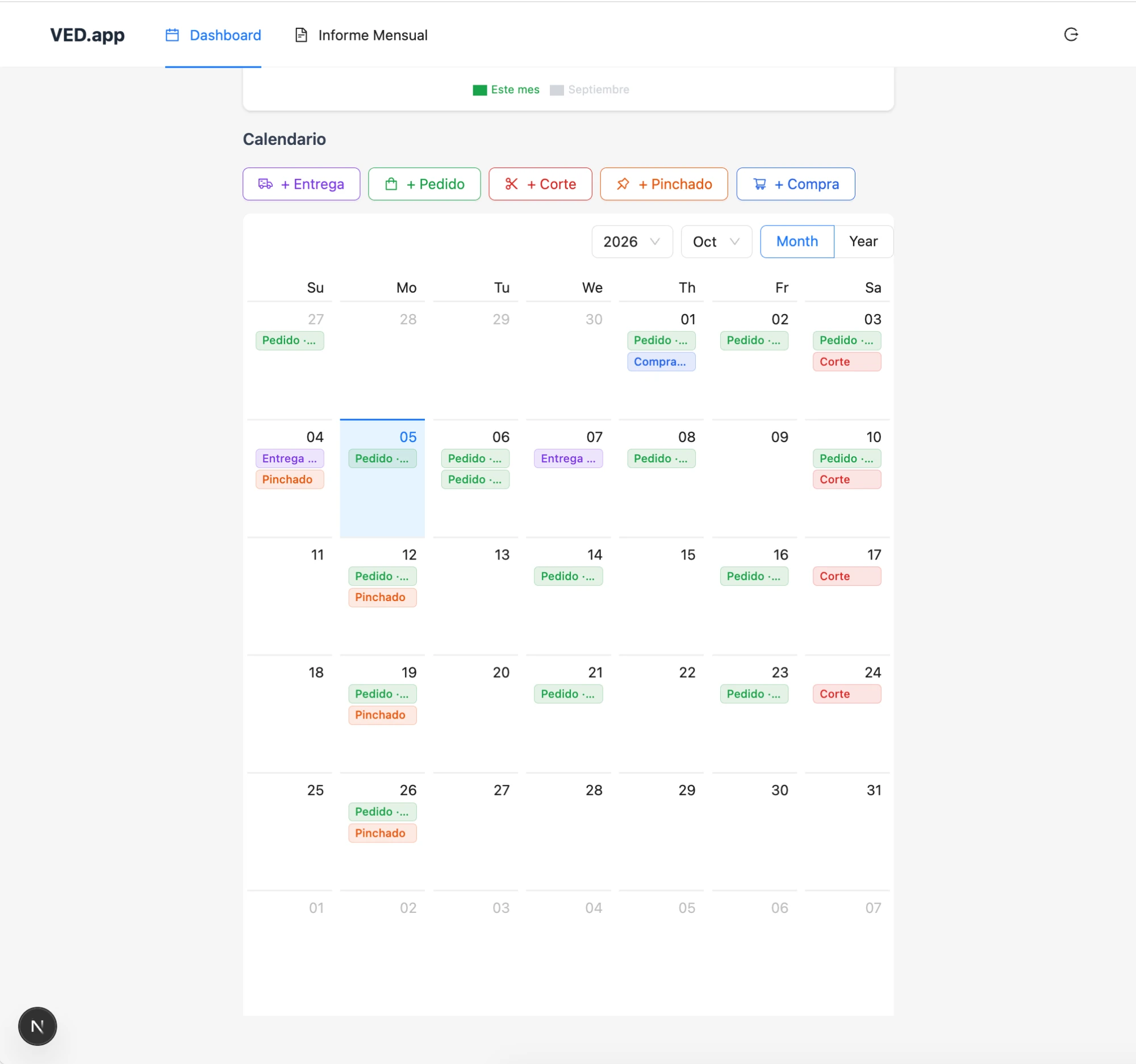 Calendario mensual de VED.app con pedidos, entregas, días de corte, pinchado y compras diferenciados por color, y los botones para crear cada tipo de evento